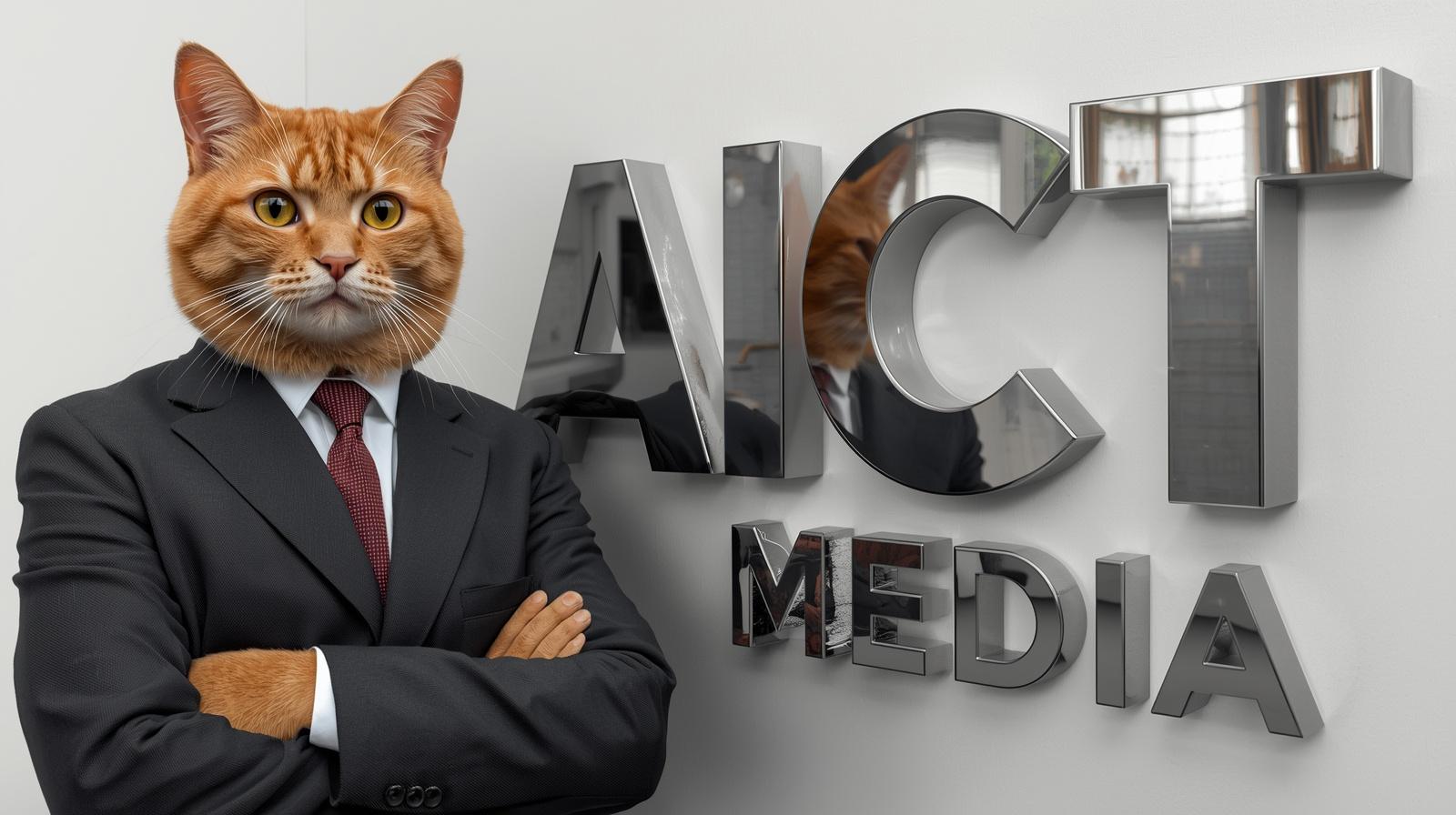 AICT Media - Business cat mascot standing confidently in front of chrome AICT Media letters
